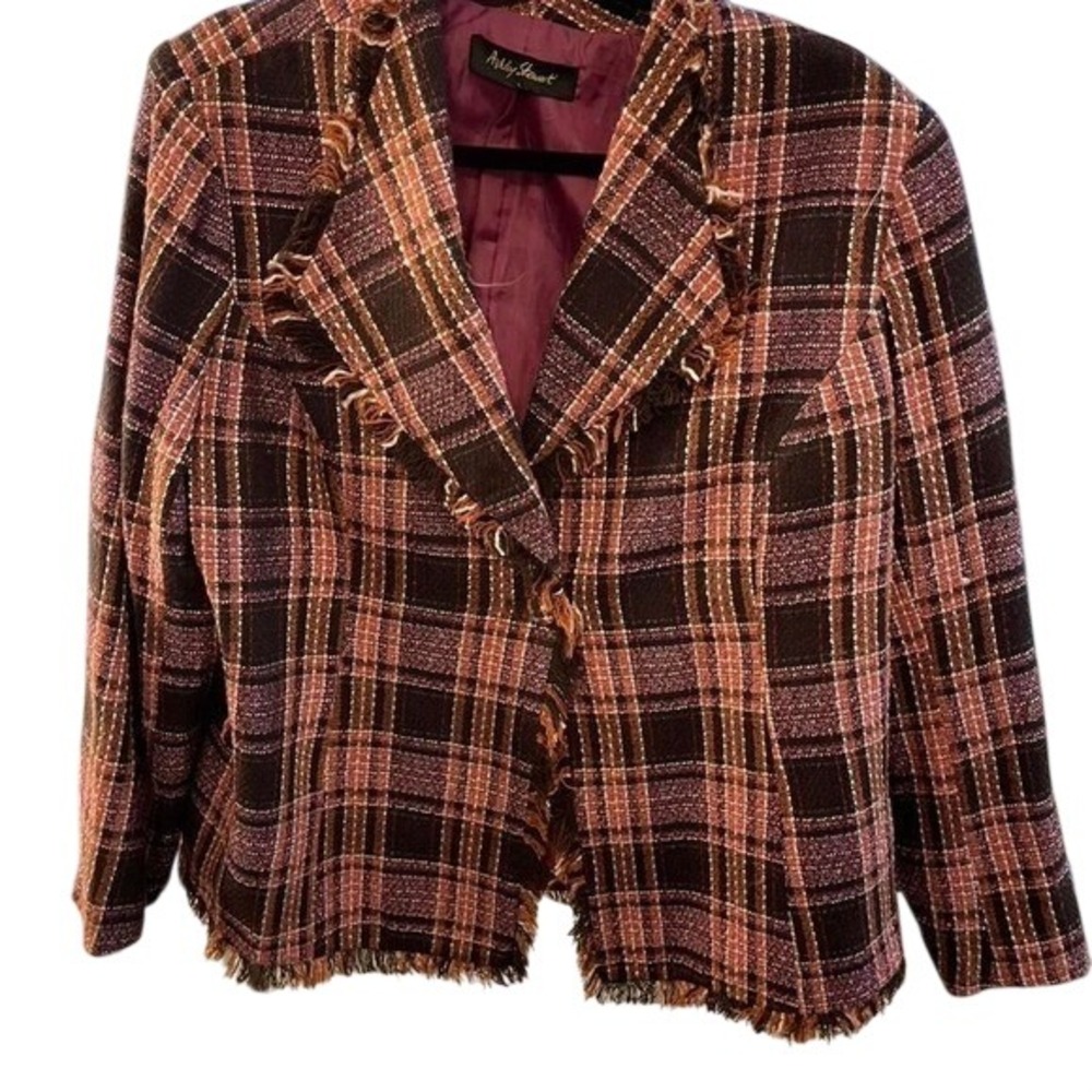 Ashley Stewart plaid blazer skirt suit-fringe detail with midi skirt 14